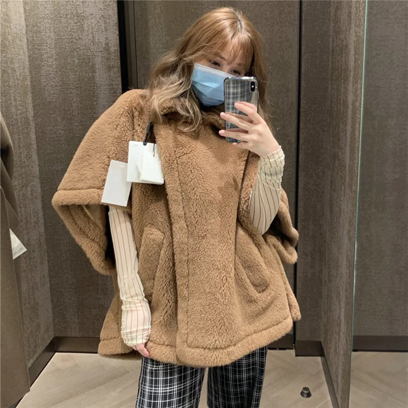 

MM Real Fur Short Cloak Teddy Coat Lady Content Woven Fabric Thick Warm Overcoat Loose Cozy Outerwear Streetwear Oversize