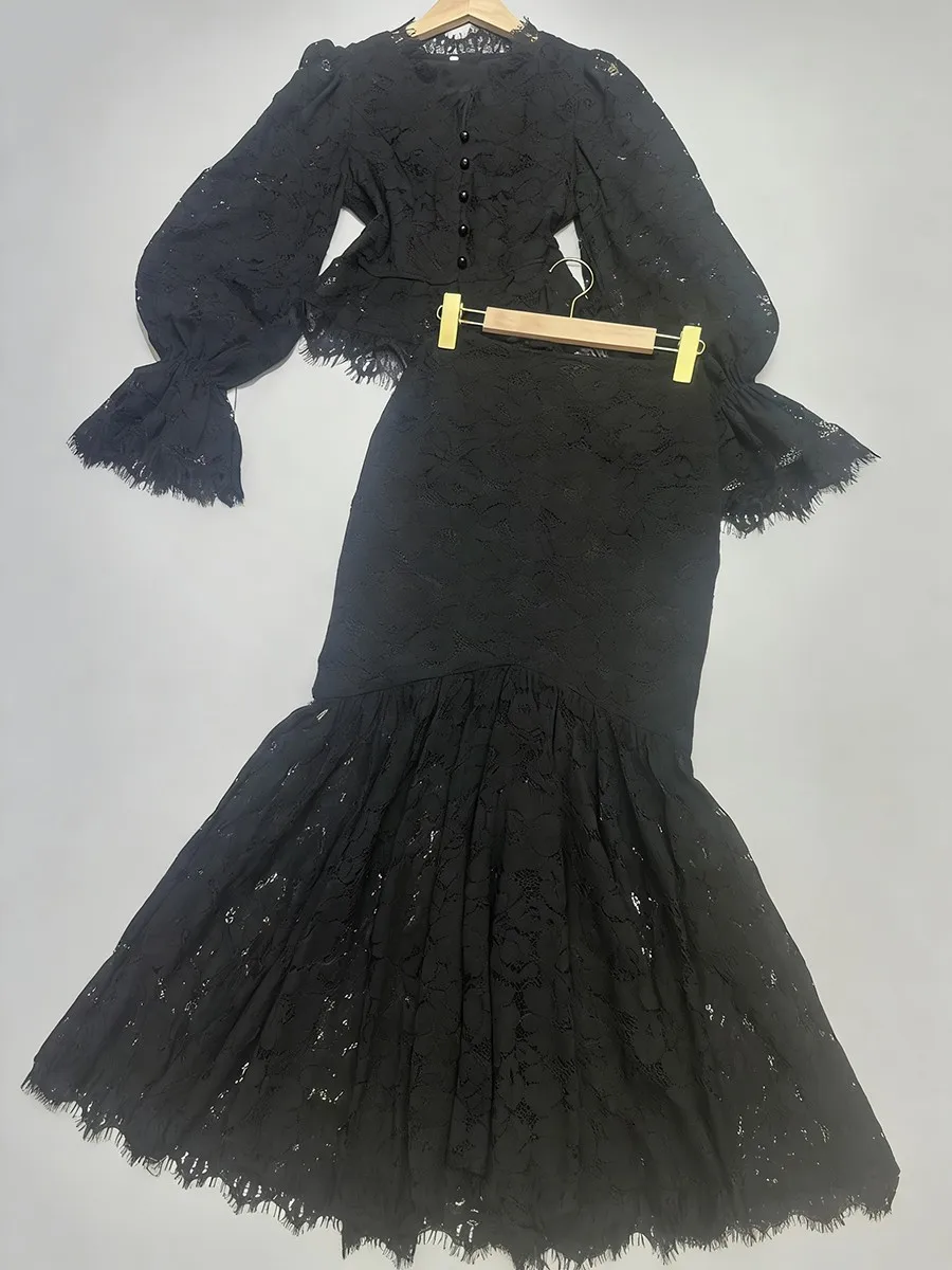 TWOTWINSTYLE Slimming Sheer Spliced Lace Two Piece Sets for Women V Neck Long Sleeves High Waist Irregular Skirt Set Female New image 5