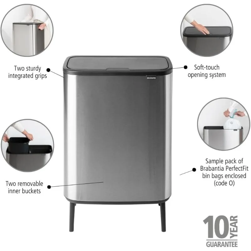 Brabantia Bo Hi Touch Top Trash Can - 2 x 8 Gal Inner Buckets (Matt Steel FPP) Waste/Recycling Garbage Can