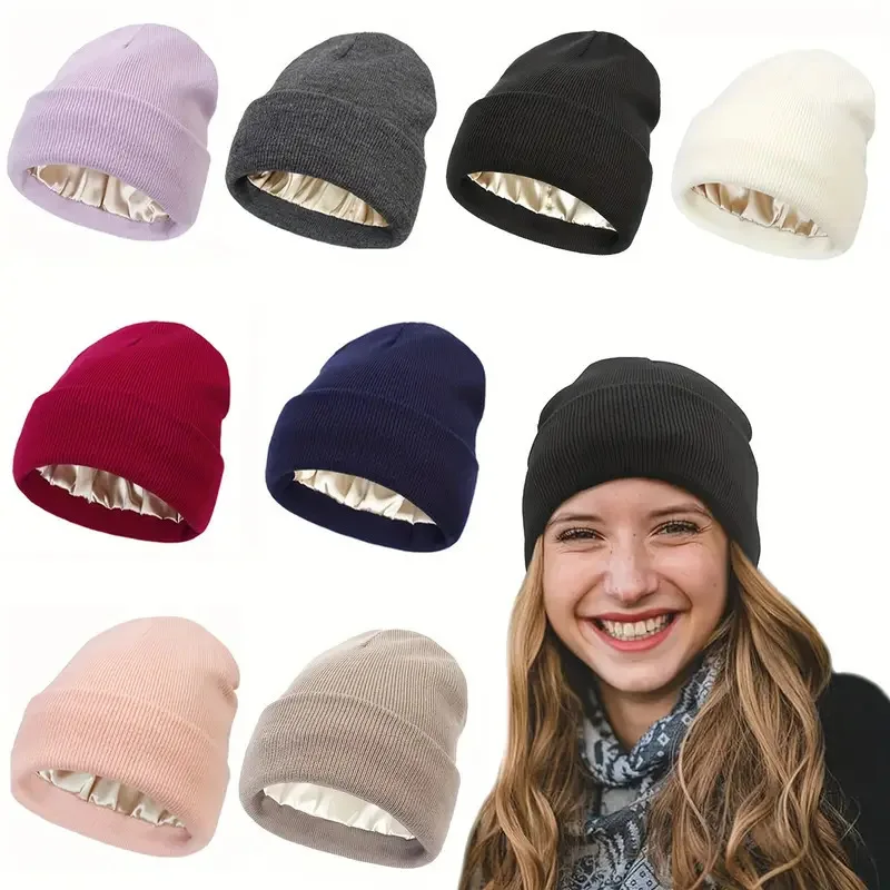 Unisex Knitted Satin Lined Beanies Women Winter Slouchy Warm Cuffed Skullies 2Layer Anti Static Hair Cover Sleep Y2K HipHop Cap