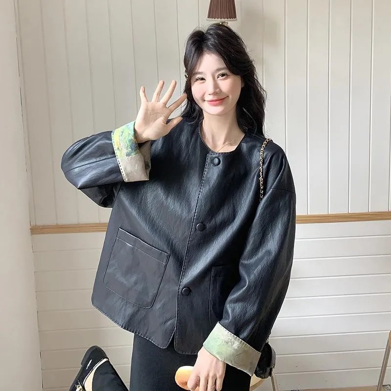 New Chinese Sle Double-Sided Wear PU Leather Jaet Women's ort Outerwear Spring Autumn New Arrival Ladies Faion