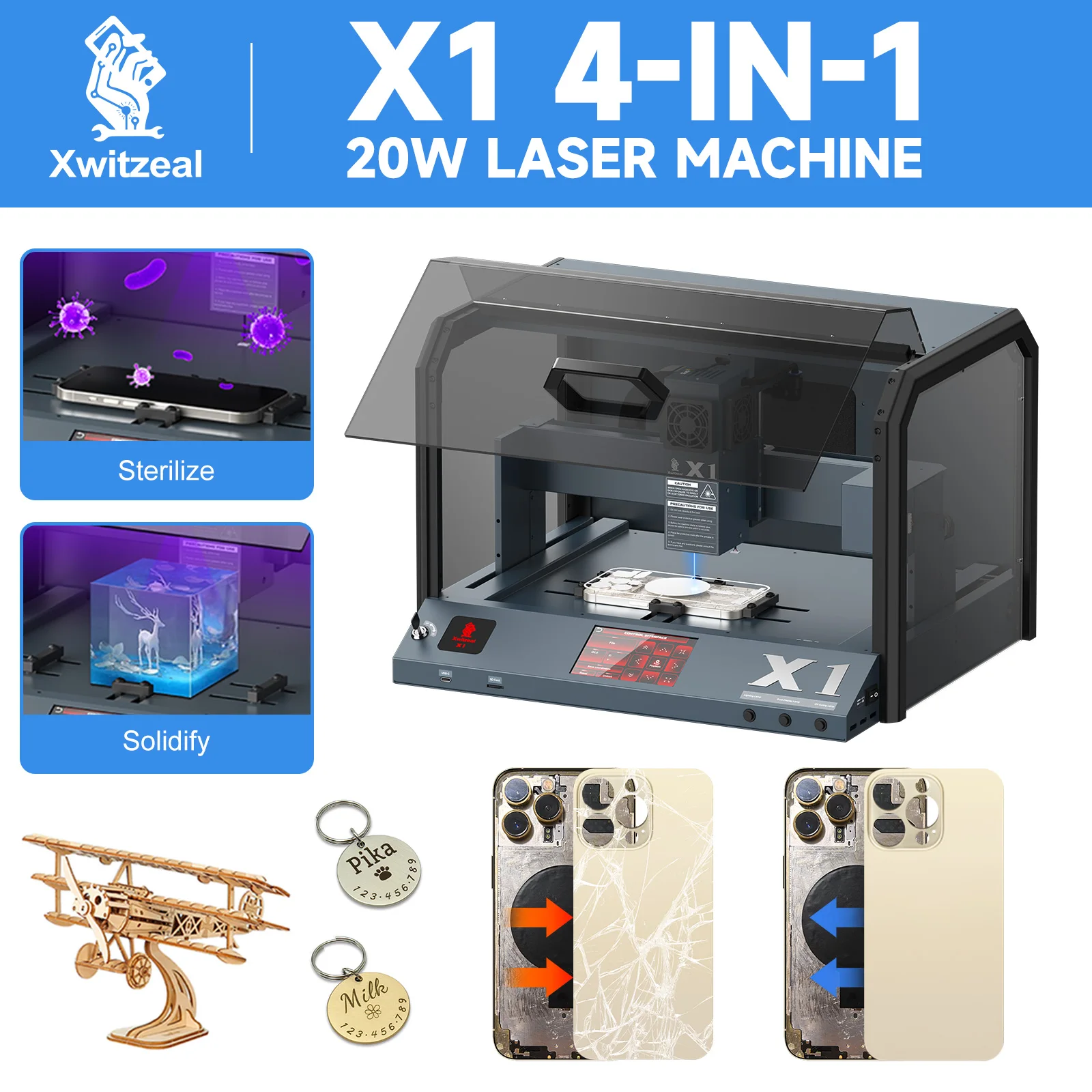 Xwitzeal X1 20W Laser Machine for iPhone 8-16 Back Glass Removal, 4-IN-1 Precision Laser Glue Remover Phone Maintenance tools