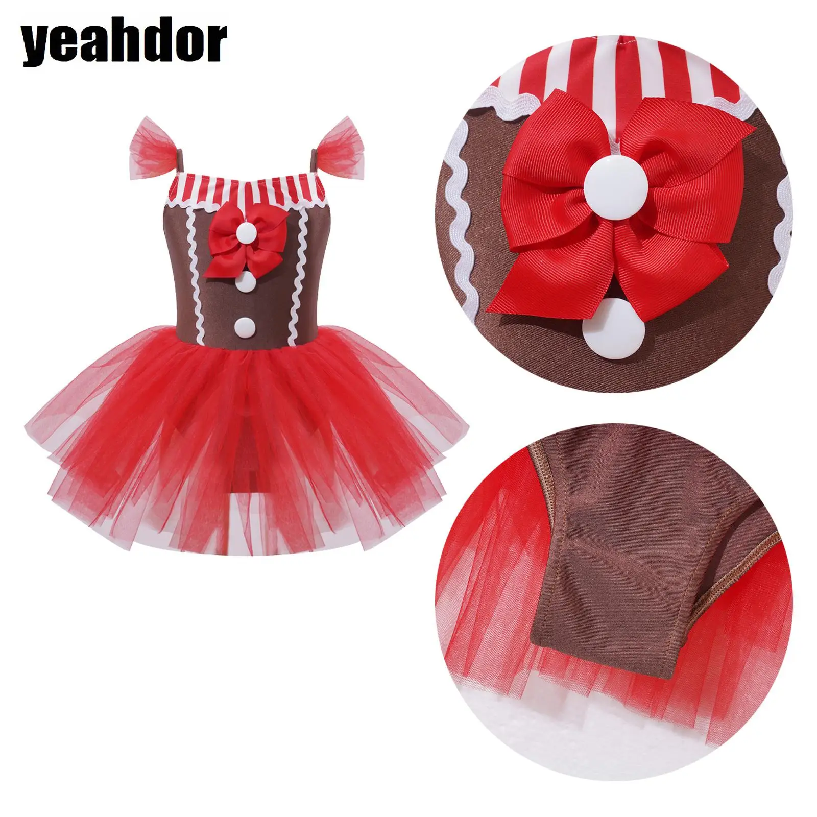 Disfraz de hombre de jengibre de Navidad para niñas, tutú de Ballet, vestido de leotardo con lazo a rayas, Carmi sin mangas, bastón de caramelo, vestido de Papá Noel