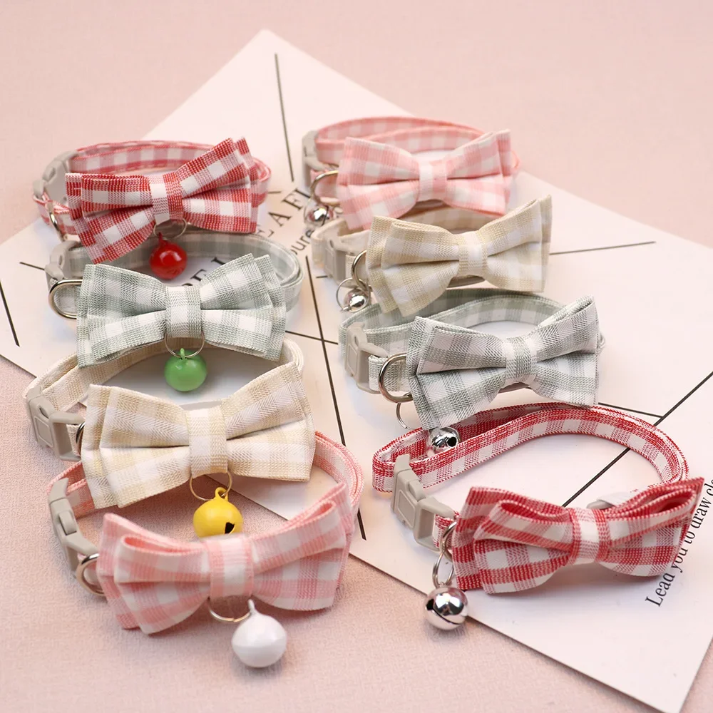 Pet Breakaway Cat Collars Bow Tie Cute Plaid Solid Color Elastic Adjustable Dog Collar with Sash Small Bell Necklace for Kitten