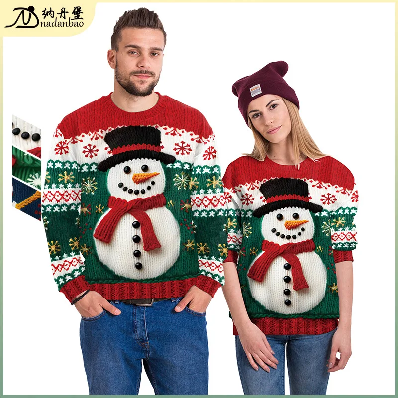 Festive 3D Digital Print Sweatshirt - Snowman & Christmas Tree Design, Cozy Round Neck Sweater for Holiday Cheer!