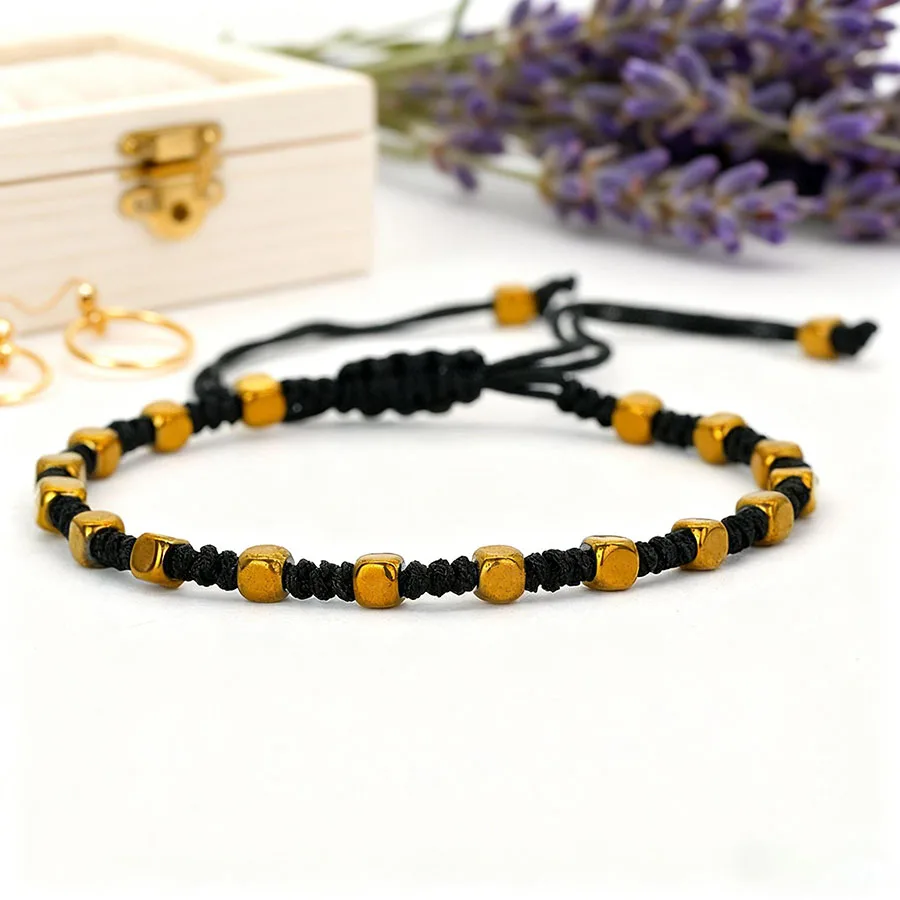 Handmade Braided Luck Bracelet Unisex Handmade Golden Healing Hematite Stone Wish Wristband Thanksgiving Day Couple Accessories view 6