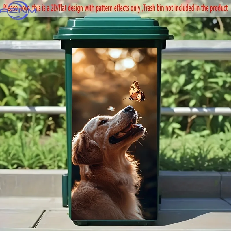 1pc 2D/Flat Trash Can Sticker,  X cm, Capturing The Lovely Moment of A Golden Retriever Chasing A Butterfly, Pet Fun Style Tra