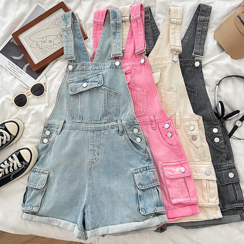 American Style Suspender Denim Shorts Women Summer Multiple Pockets Wide Leg Cargo Pants Fashion Trend All-matched Jumpsuit