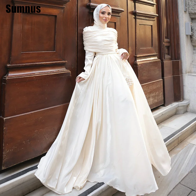 

Sumnus Elegant A-Line Ivory Evening Dress High Neck Pleats Pearls Saudi Arabia Formal Dresses فساتين سهرة Customized