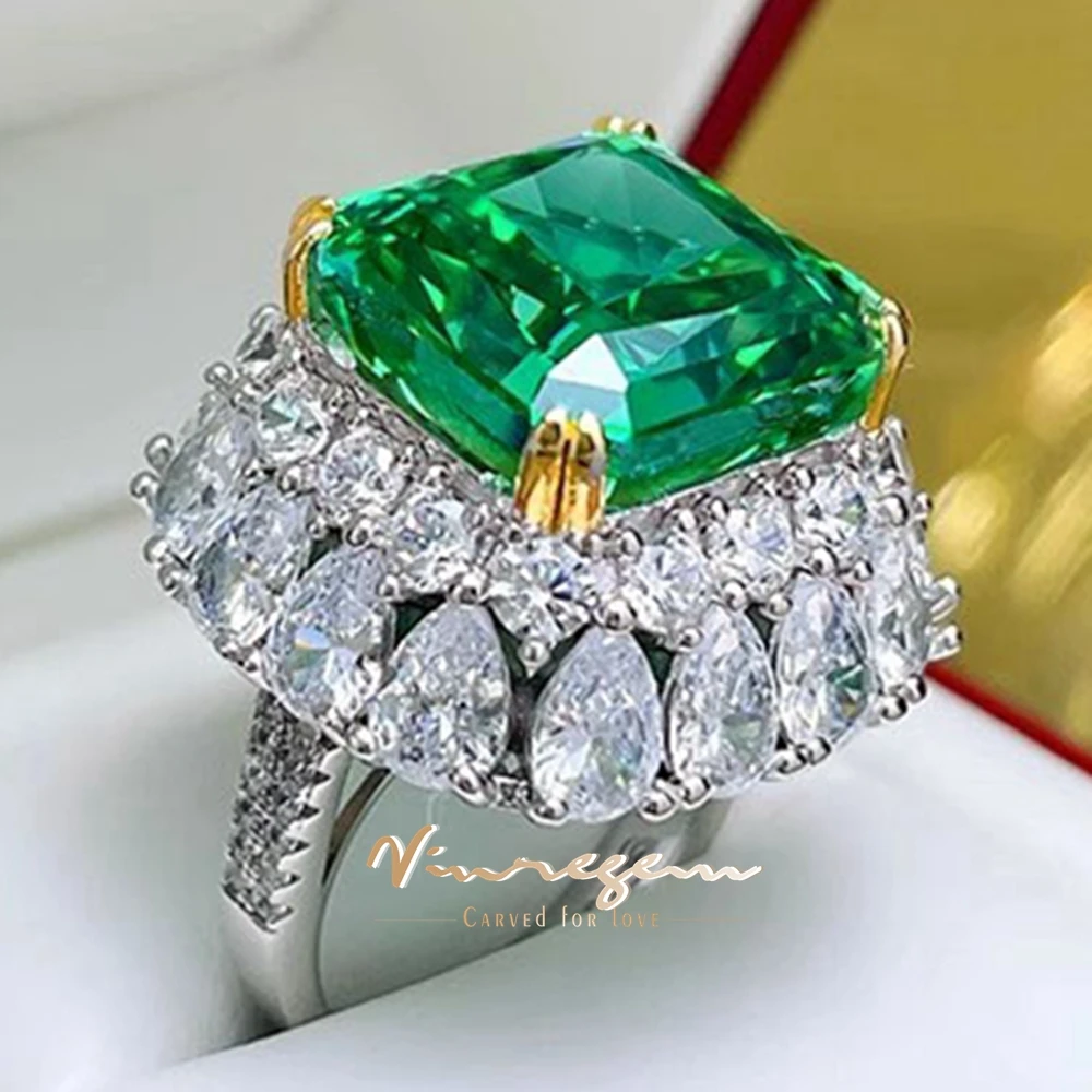 Vinregem 14 MM 14CT Crushed Ice Cut Emerald Citrine Padparadscha Gems 100% 925 Sterling Silver Cocktail Party Ring Fine Jewelry