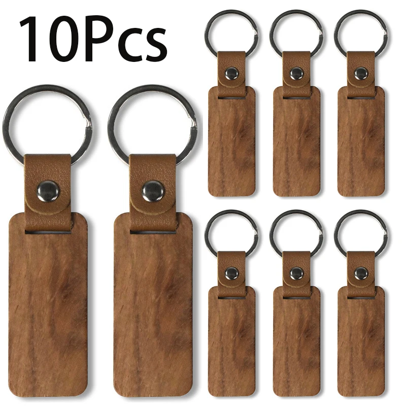 

10Pcs Blank PU Leather Keychain Wood Pendant Rectangular Small Gift Wood Key Chain