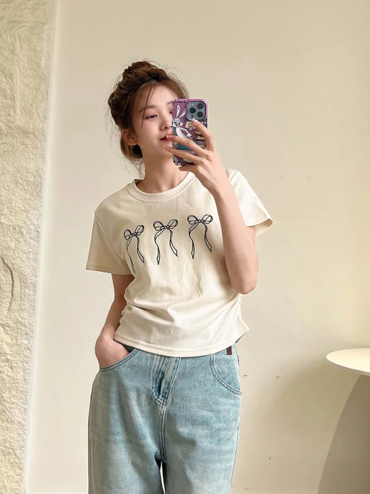 Stile coreano Chic Summer New Bow Print Casual Versatile T-shirt a maniche corte Top donna girocollo magliette grafiche