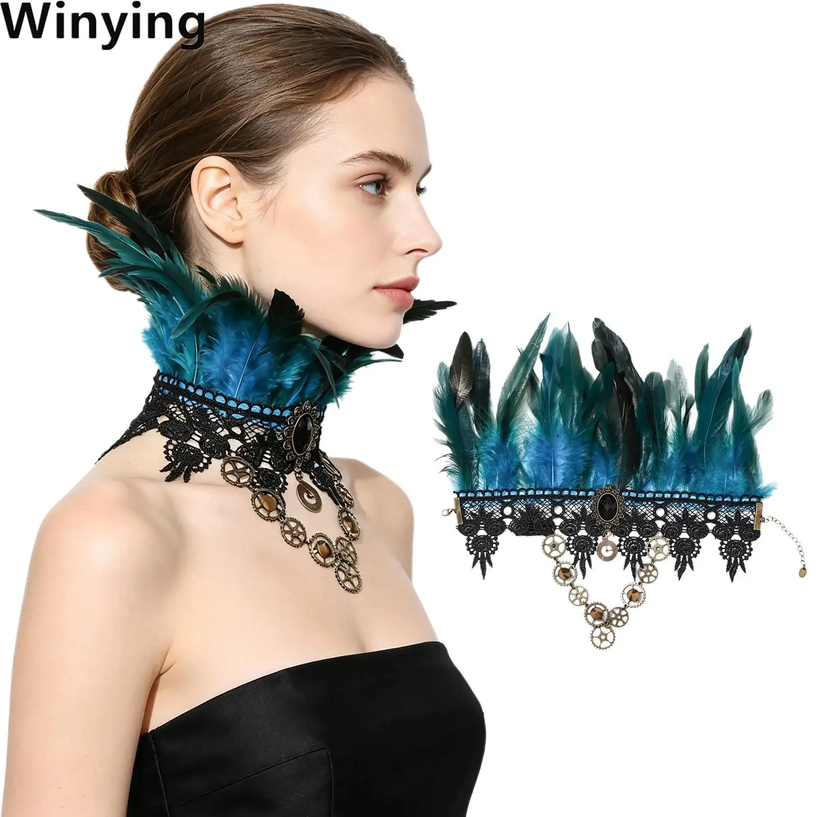 Women Faux Feather Neck Lace-trimmed Gaiter Adjustable Faux Collar Costume Accessaries for Halloween Cosplay Stage Performance