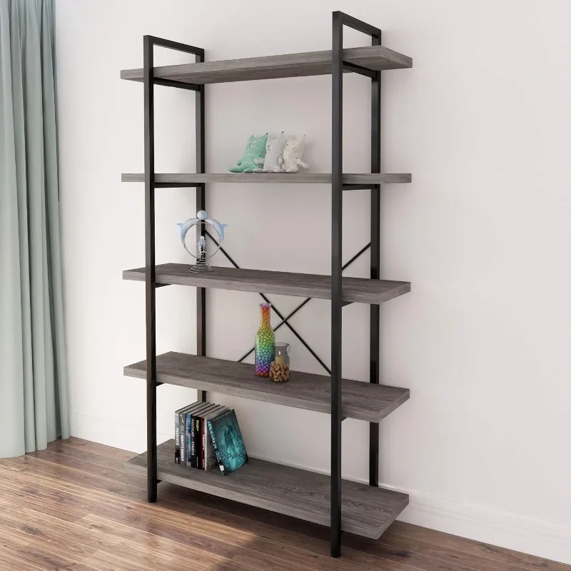 

5-Tier Vintage Industrial Style Bookcase/Metal and Wood Bookshelf Furniture for Collection, Gray Oak, 3/4/5 Tier (5-Tier)