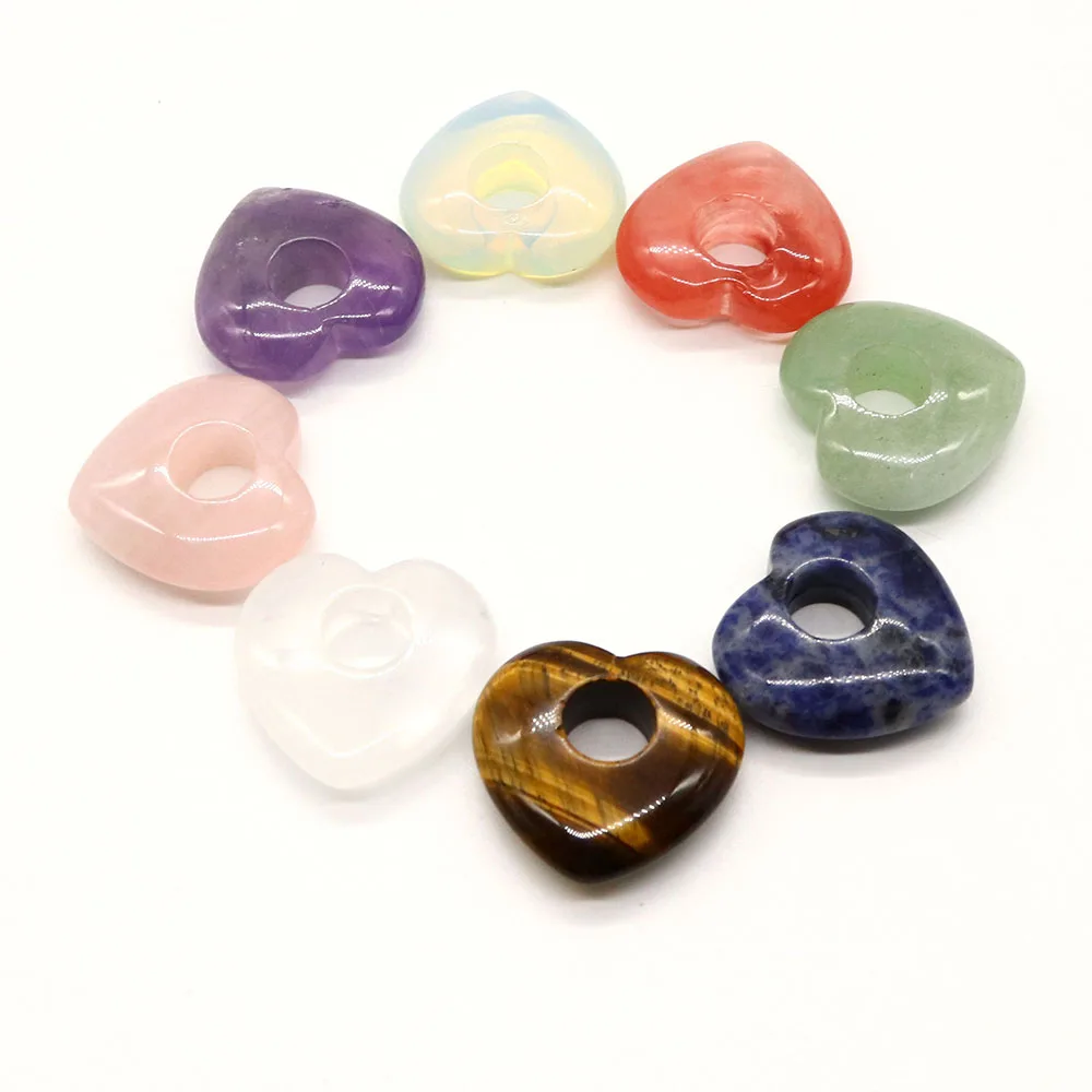 1pc 30mm 8 Colors Natural Semi-precious Stone Pendants Slant Hole Amethyst Rose Quartz Crystal Heart Shaped DIY Making Necklace