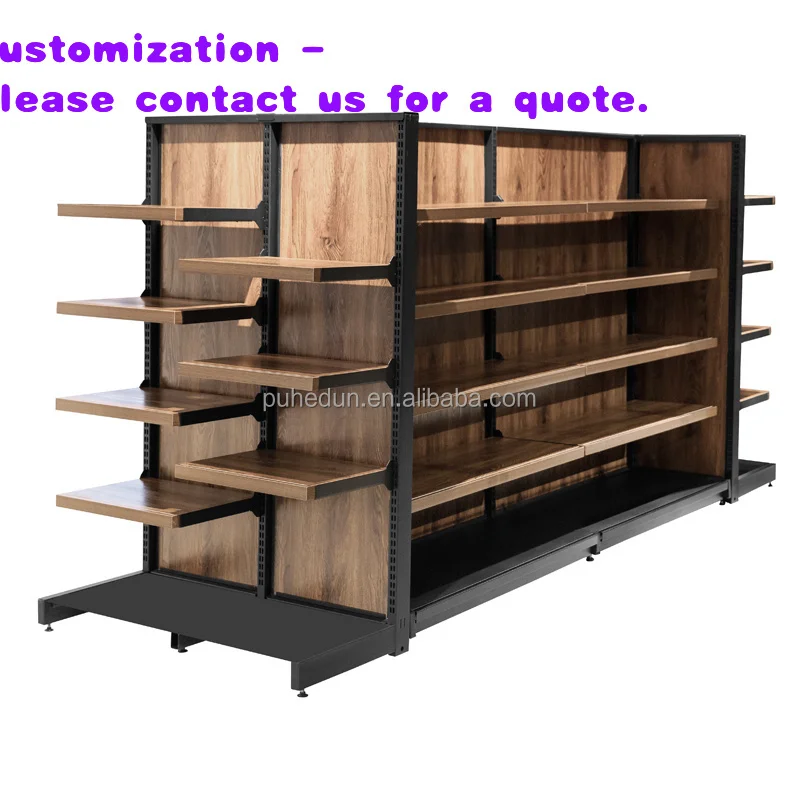 

custom.Light End Steel Wood Grocery Store Gondola Shelving Double Sided Supermarket Shelf Convenience Store Retail Display Rack