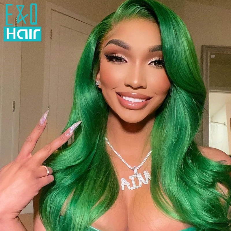 Wig rambut manusia depan renda transparan 13x4 gelombang tubuh alami berwarna hijau cerah Wig Frontal Remy Brasil untuk wanita warna hitam