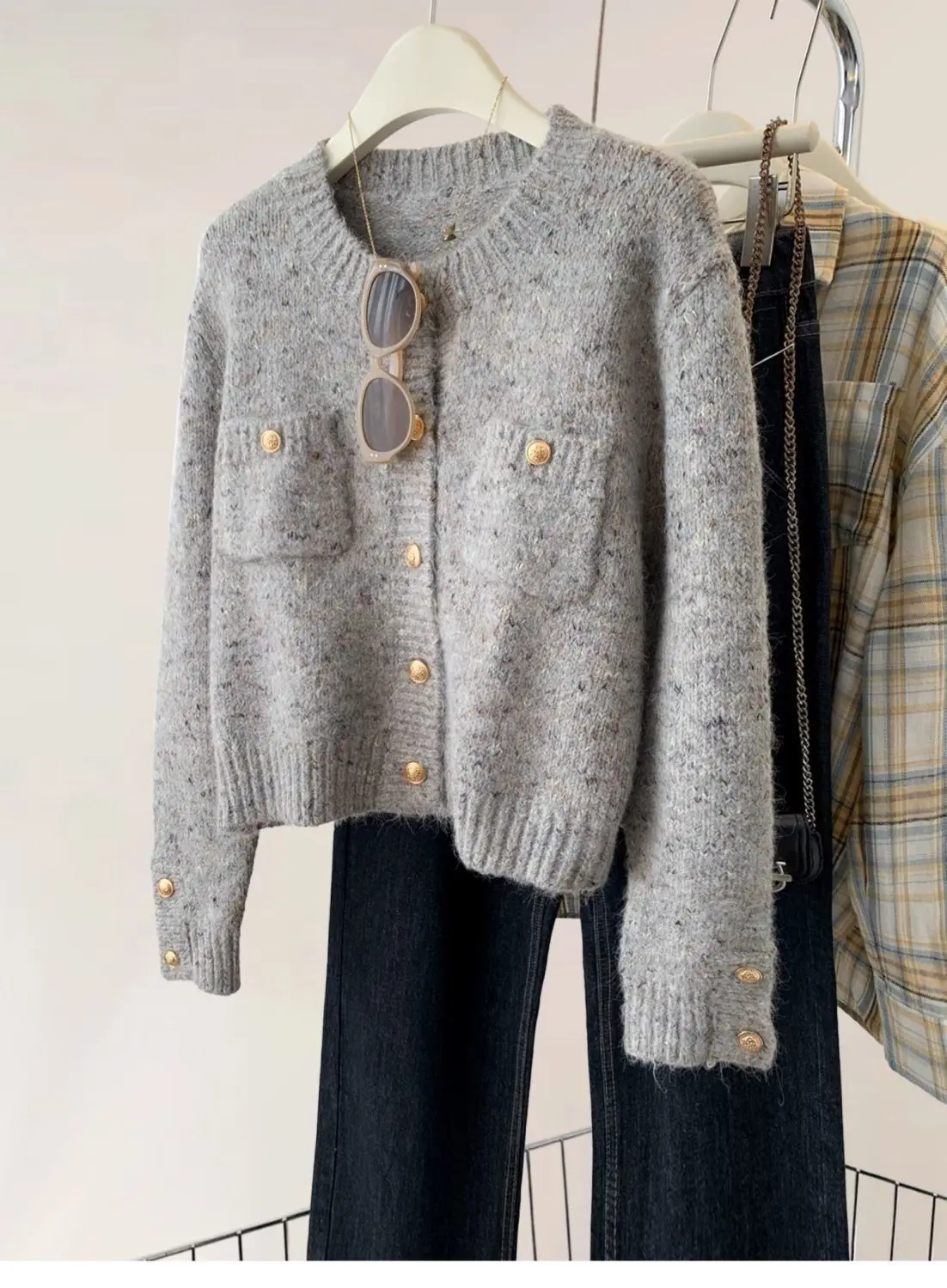 Knitted Cardigan Gold Button O Neck Gray Women\'S Simple Long Sleeve Sweater Jacket Autumn Spring Office Ladies Elegant Knitwear