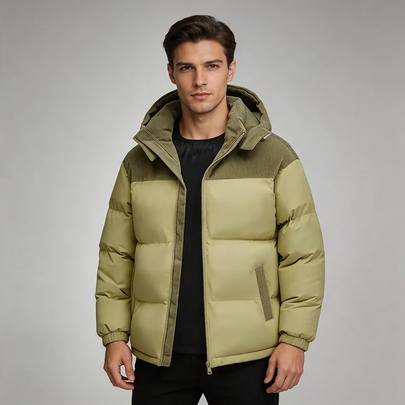 Men Winter Thick Cotton Coat Detachable Hood Corduroy Spliced Color Block Hooded Jacket Warm Outdoor Couple Casual Outerwear