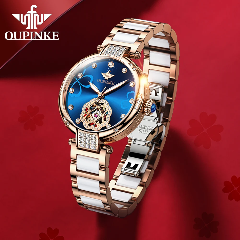 OUPINKE 3183 ساعة سيدات أصلية فاخرة أنيقة الهيكل العظمي ساعة ميكانيكية 50 متر مقاوم للماء تاريخ اليوم ساعة للنساء السيراميك