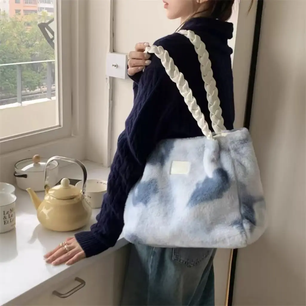 JIAERDI Sweet Blue Tie Dye Tote Bag Women Plush Large Capacity Shoulder Bags Ladies Everyday Casual Versatile Underarm Bag 2025