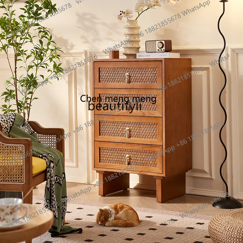 X Solid Wood Rattan Four-Bucket Cabinet Simple Modern Middle-Ancient Art Dining Side Drawer Storage Cabinet Japanese Style