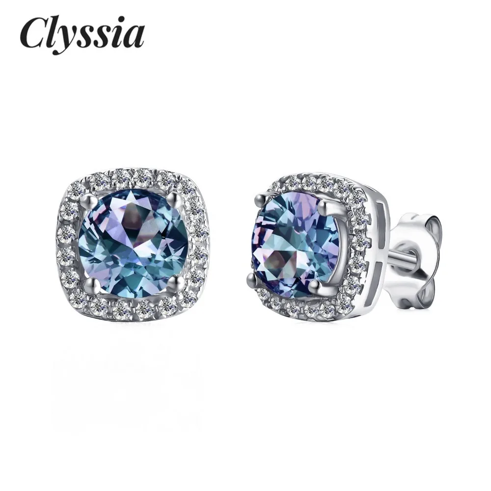 

CLYSSIA Ear Studs Inlaid Alexandrite Stone White Gold Plated 925 Sterling Silver Elegant Hypoallergenic Fashion Jewelry