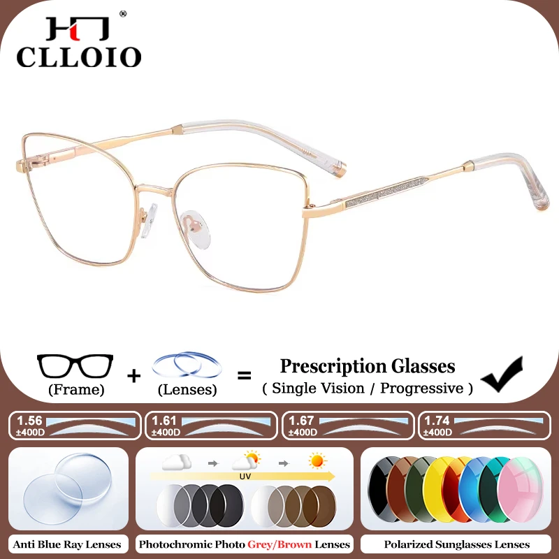 

CLLOIO New Fashion Cat's Eye Prescription Glasses Women's Anti-Blue Light Myopia Glasses Customizable Photochromic Progressive