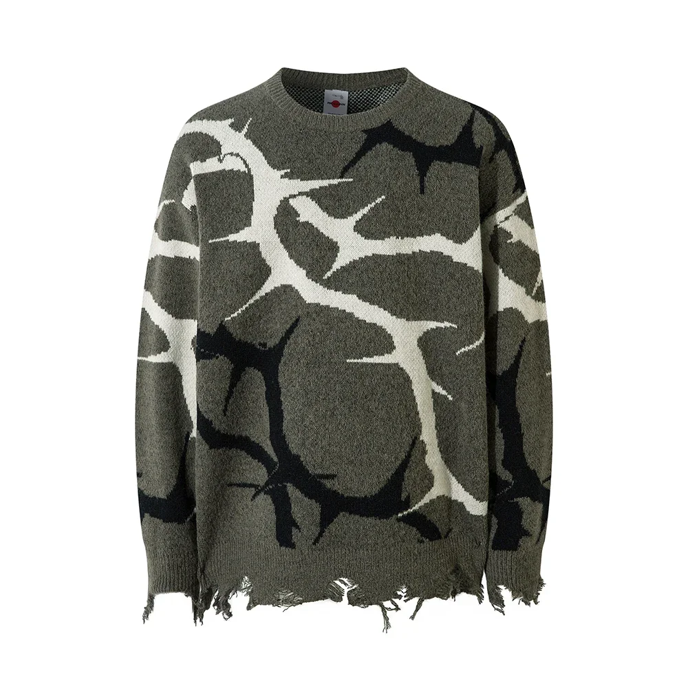 

Ripped Hem Branches Print Patchwork Baggy Sweaters for Men and Women Crew Neck Pullover Knitted Clothes Oversized Loose Tops