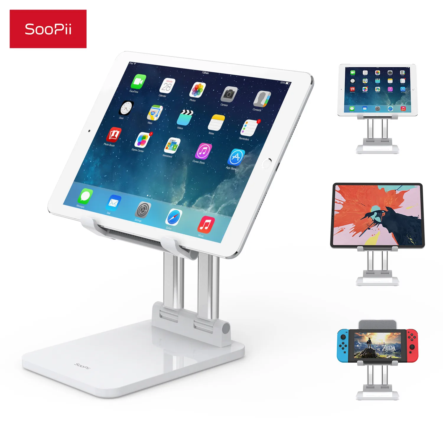 SooPii Upgraded Metal Tablet Stand Adjustable Portable Tablet Riser Aluminum Tablet Holder Stable for Devices 10-15.6 inch