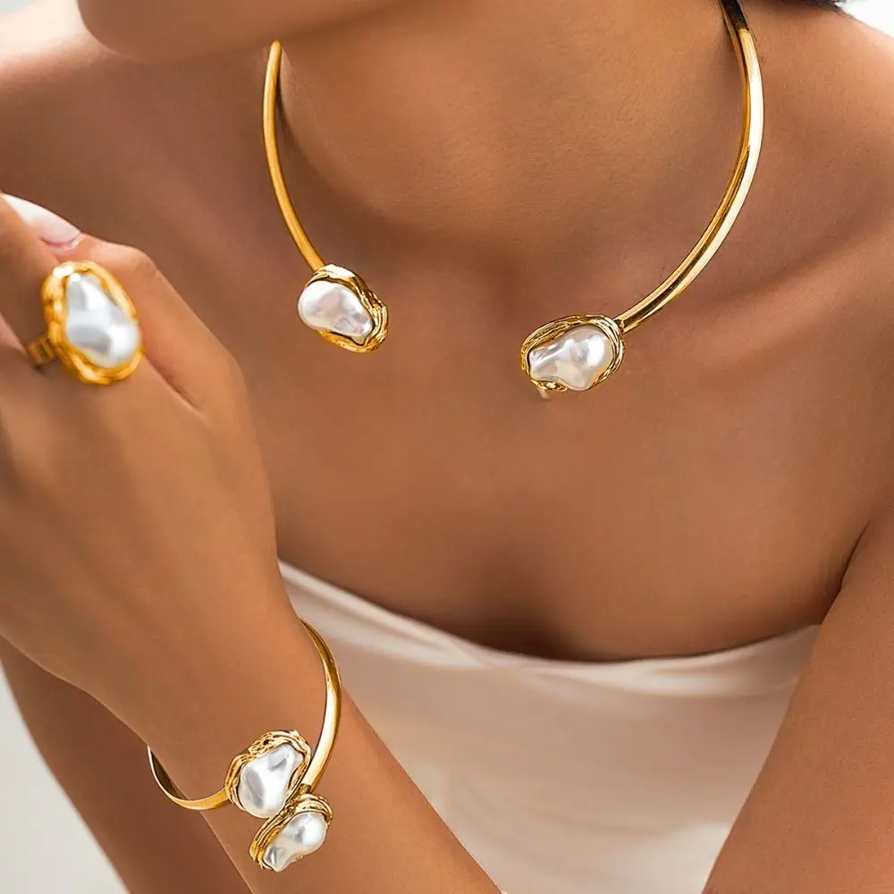 4 قطعة المفتوحة المختنق خمر مجوهرات دعوى مبالغ فيها المعادن سلسلة الترقوة مجموعة ضوء الفاخرة غير النظامية قلادة سوار حلقة البدلة #4