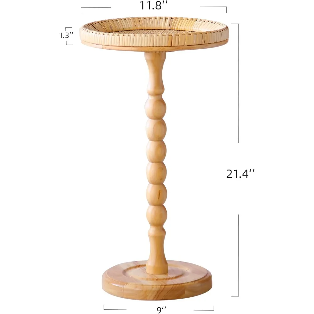 Drink Table，Rattan Round Small Side Table for Small Spaces, Boho Circle End Table Coffee Table with Solid Wood Leg for Living Ro