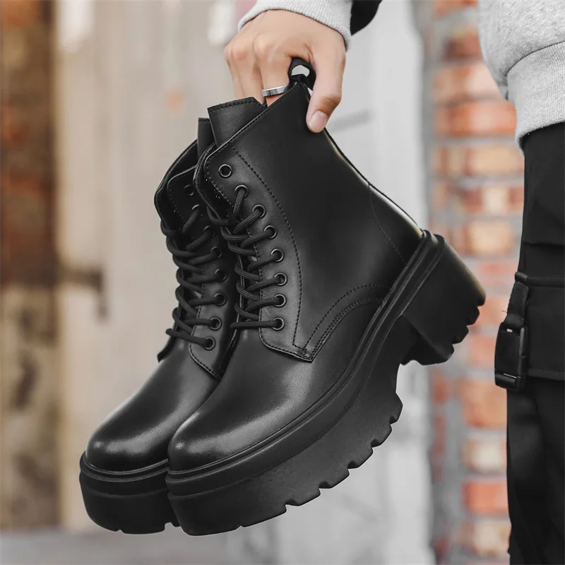 British style men casual platform boots black trendy genuine leather shoes cowboy autumn winter boot cool motorcycle botas mans