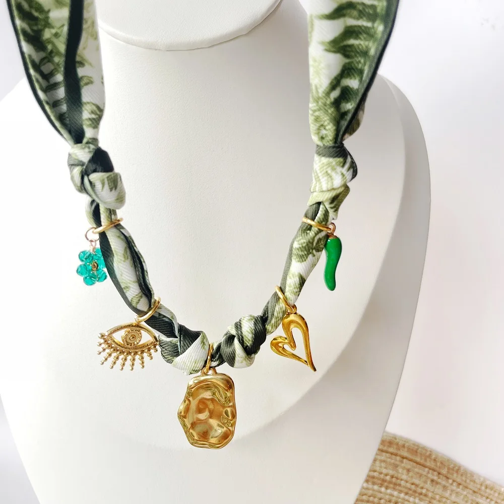 Trendy Boho Bandana Scarf Necklace for Women – Fashion Fruit Flower Sun Heart Charm Pendant Neck Wrap Jewelry