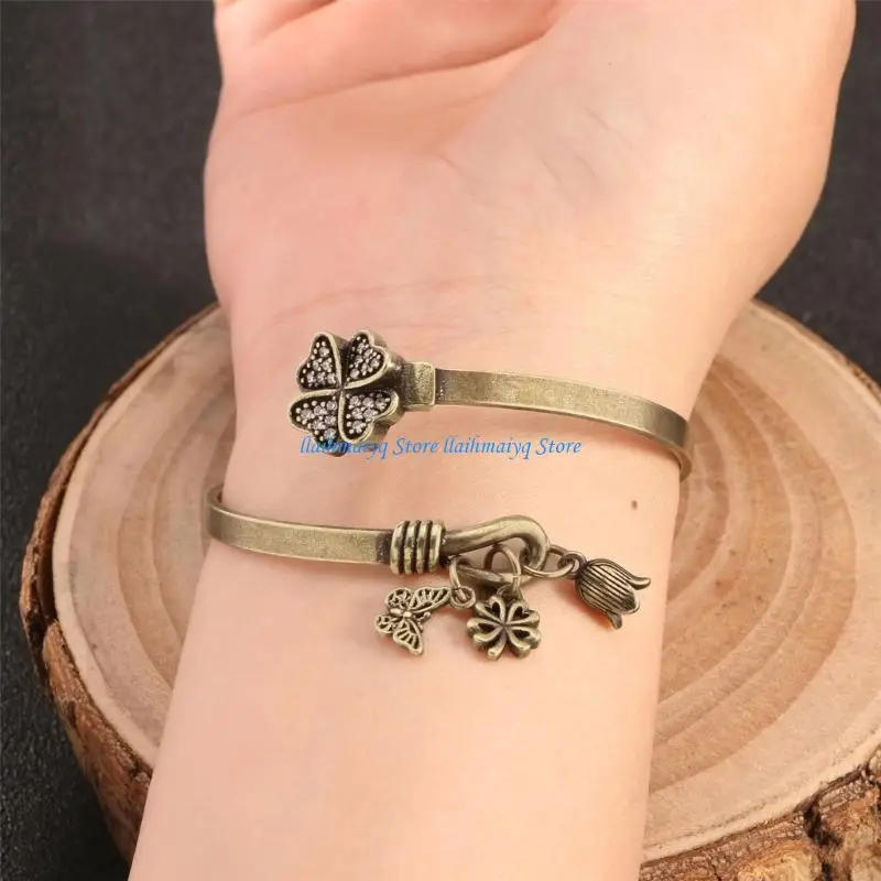

573B Stylish Square Brass Bangle with Sparkling Diamonds And Unique Pendants Bracelet