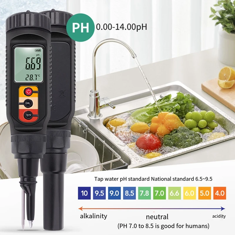 ●Digital Food PH Meter 0.00-14.00 PH Temp Acidity Tester Dough Soil PH Detector for Meat Cheese Bread Analyzer Meter