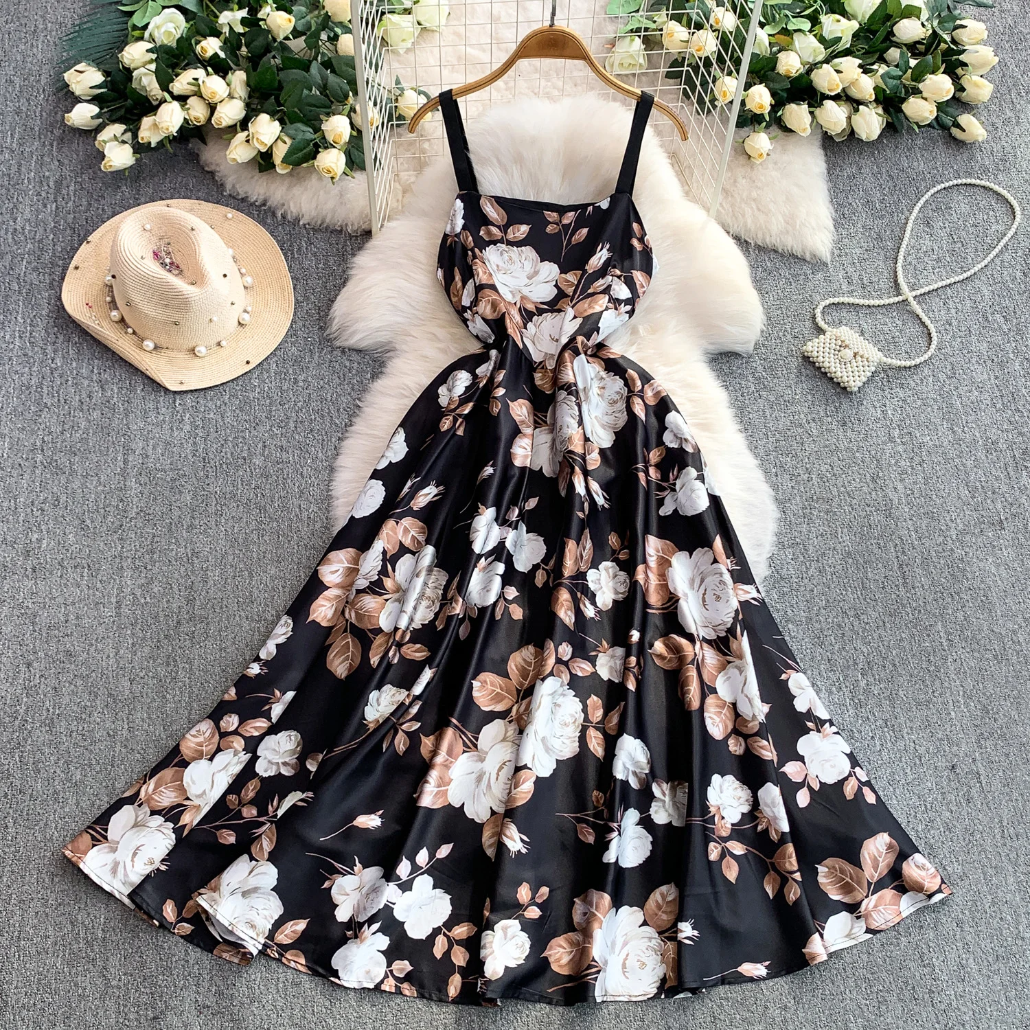 Elegancka sukienka bez rękawów z satyny w koreańskim stylu, sukienka letnia, odzież damska na jesień i zimę.