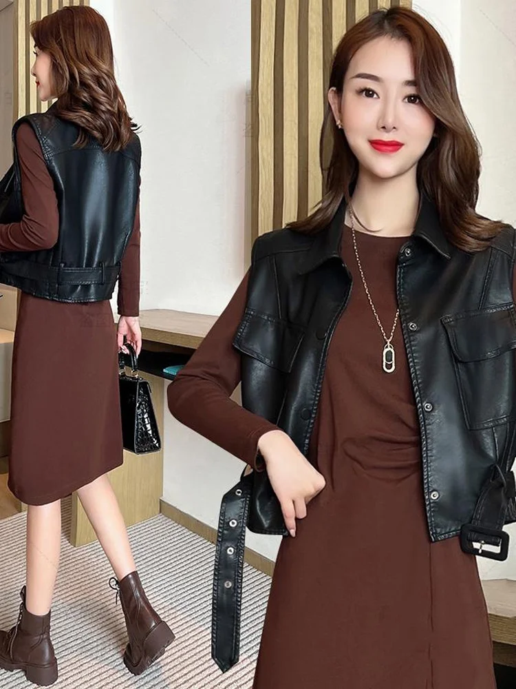 레트로 홍콩 스타일 여성용 PU 가죽 조끼 패셔너블한 슬림 다용도 버튼업 레귤러 길이 단색