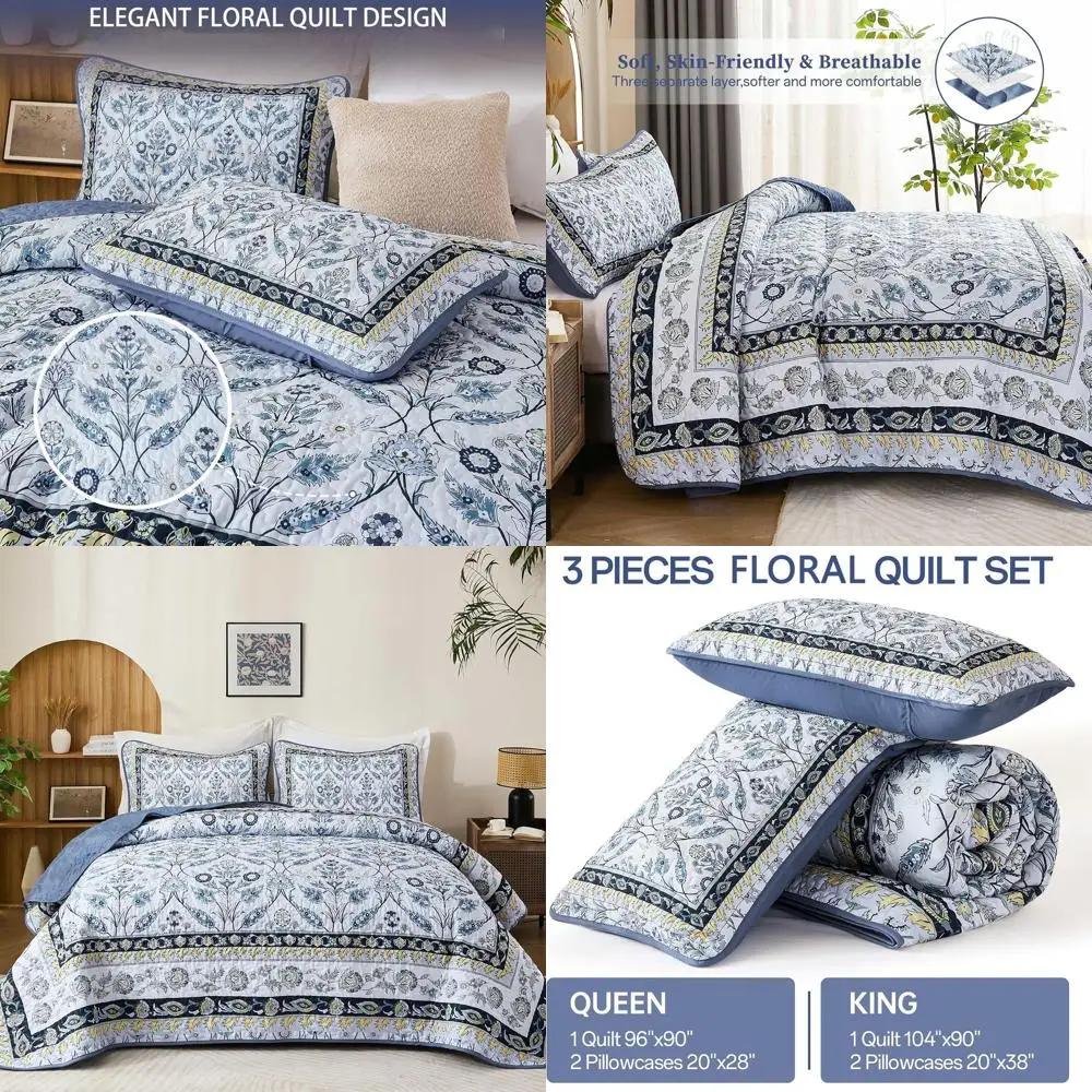 

Комплекты стеганых покрывал размера «Queen», темно-синий цветочный комплект стеганого одеяла «Queen» из 3 предметов, покрывало в стиле бохо с 2 наволочками, легкий, размер M