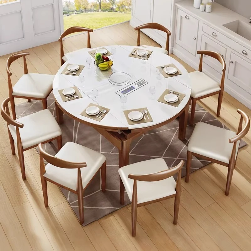 Modern simple 6-person retractable solid wood dining table Round dining table Folding tempered glass induction cooker