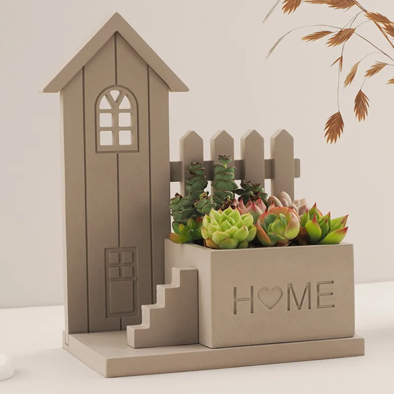 House Fence Succulent Planter Plaster Silicone Mold DIY Crafts Jewelry Storage Resin Mold Desktop Decoration Home Decoration