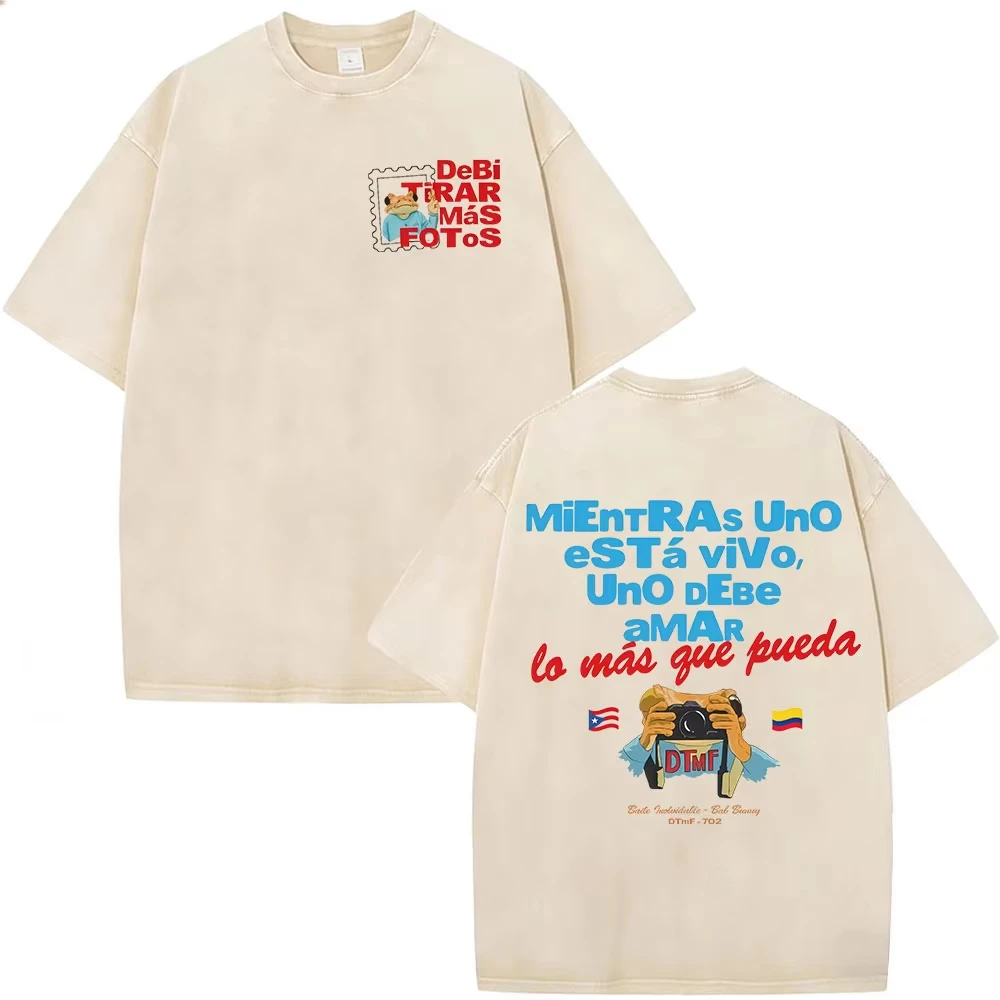 Rapper Bad Bunny Vintage Washed T Shirts Debi Tirar Mas Fotos DTMF T-shirts Men's Clothing Fashion High Quality T-shirt Couples