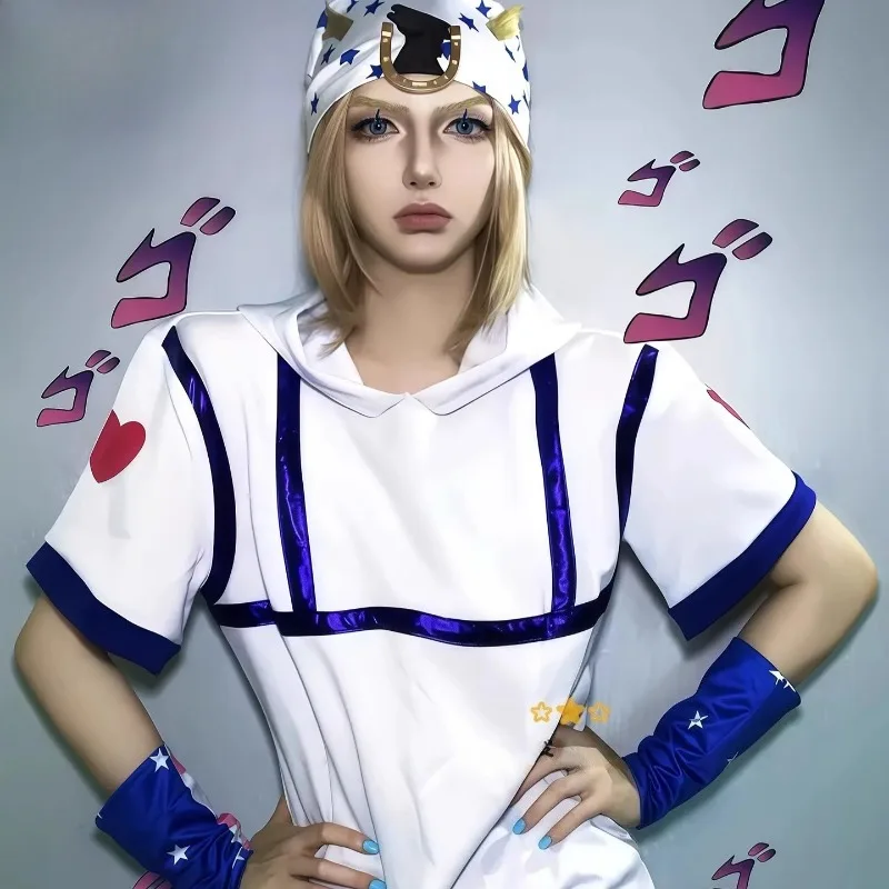 

Anime Jonathan Joestar Cosplay Costume Hoodie Shorts Sleeve Top Blue Pants Hat Wig Full Set Role Play Outfit for Men