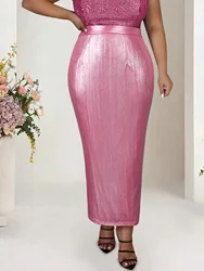 ONTINVA Women Plus Size 4XL High Waist Shiny Pink Skirt Slim Fit Back Slit Skirts Formal Celebrate Evening Party Prom Clothing