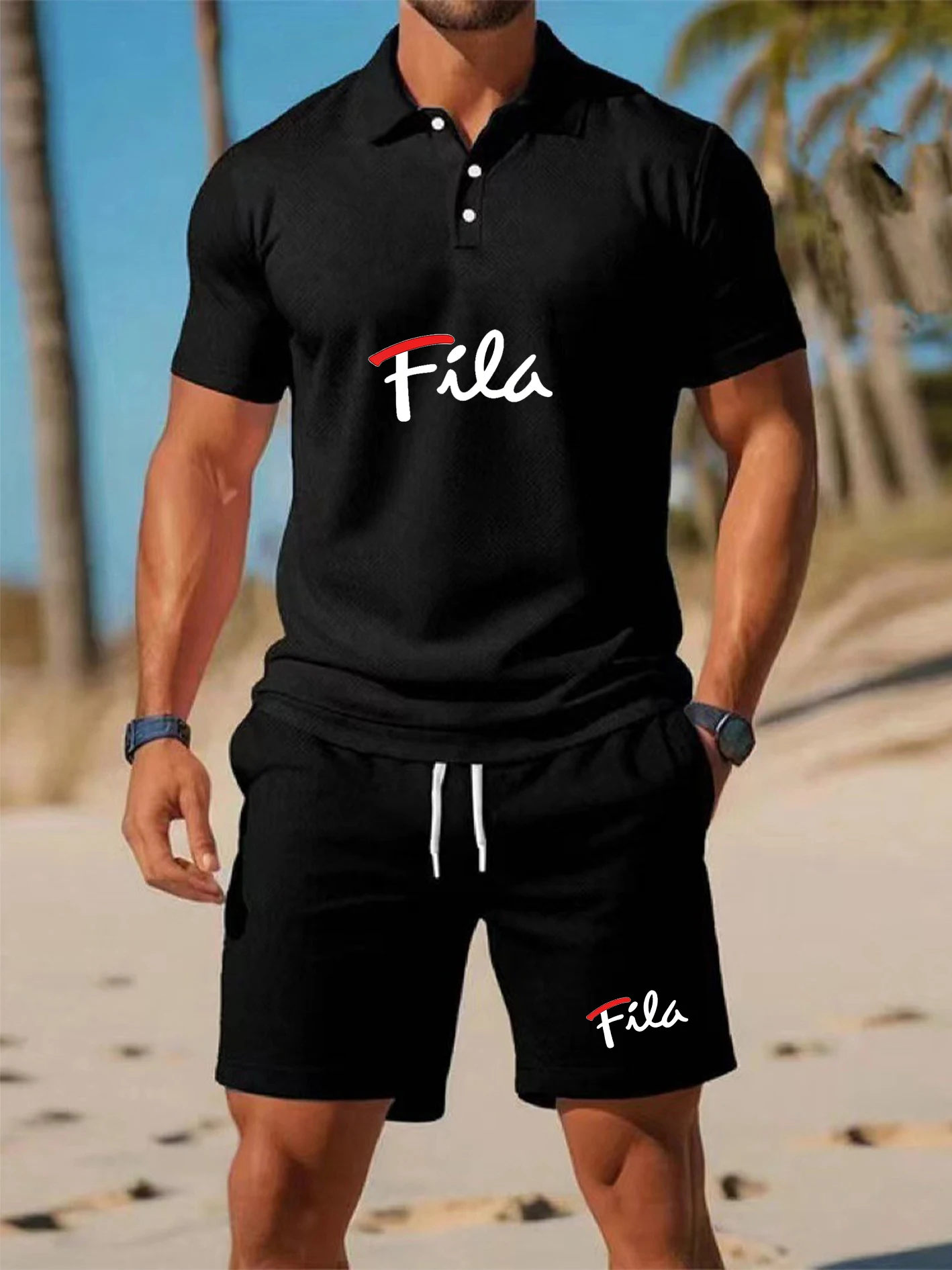 

Men's Loose Fit Fila Polo & Shorts Set, Breathable Sweat-Wicking Fabric, Stylish Print Design, Comfortable Versatile Outfit Ide