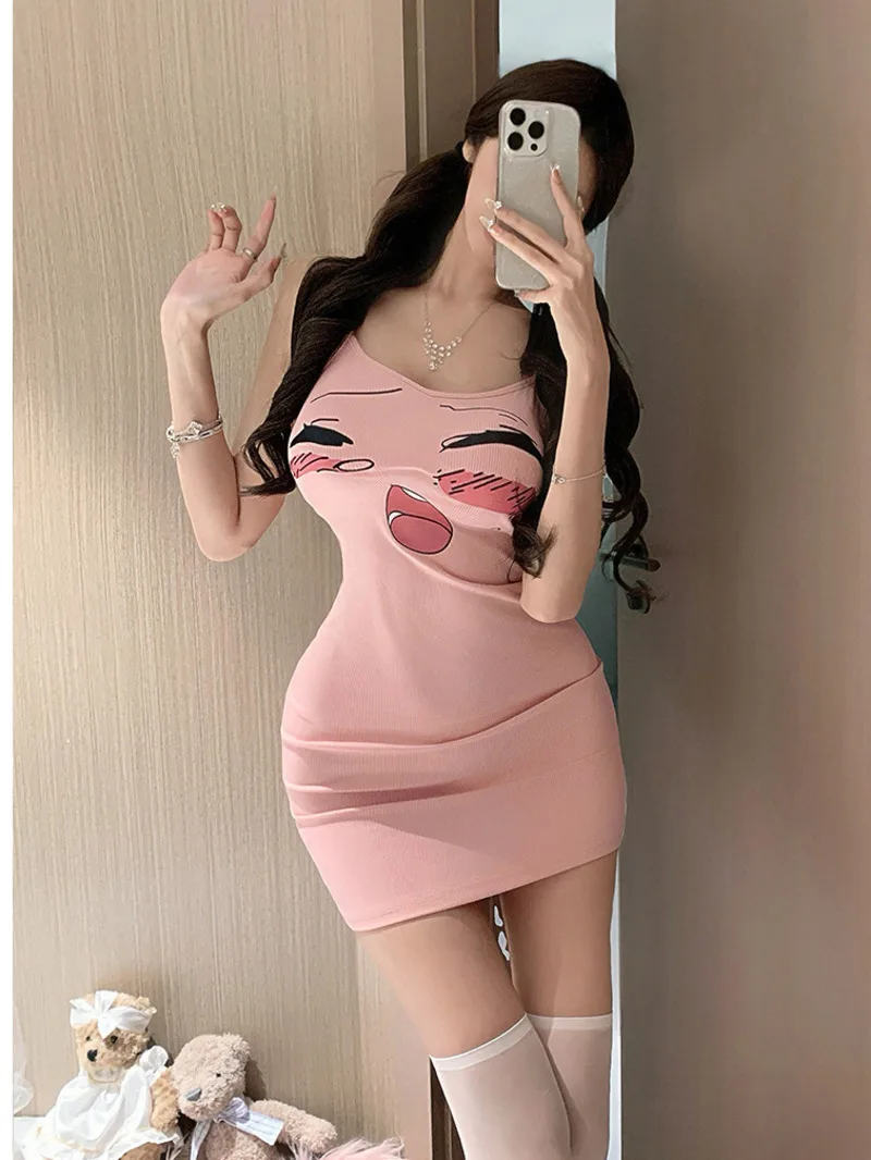 Urocza kreskówkowa seksowna letnia nowa czysta miękka dopasowana elegancka sukienka na ramiączkach modna seksowna mini sukienka tank słodka damska dopasowana bluzka 8ZC