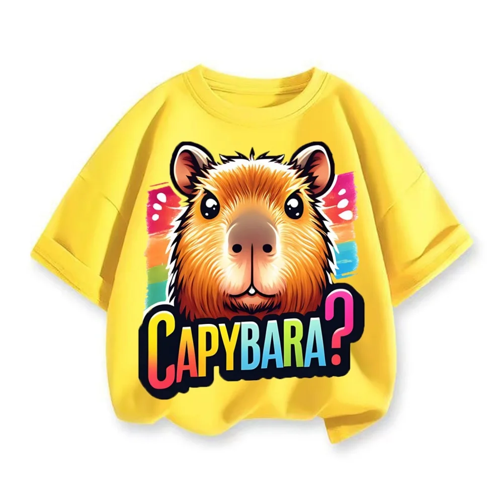 

2025 Summer Baby Boys and Girls Pure Cotton T-shirt Cute Kapibala Printed Short Sleeve Colorful Top Loose and Comfortable