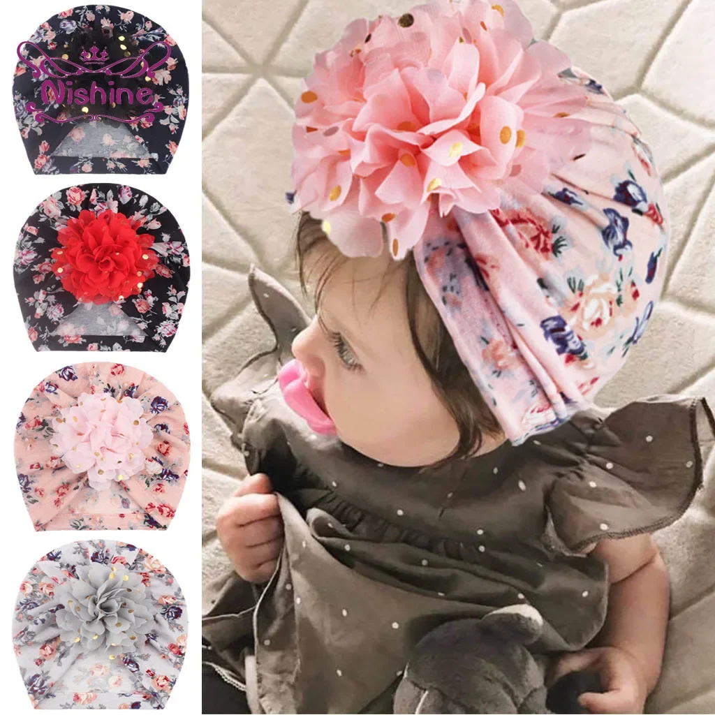 1PCS Printted Flower Baby Girl Hats Gold Dot Floral Kid Caps Infant Princess Turban Bonnet Newborn Photography Props