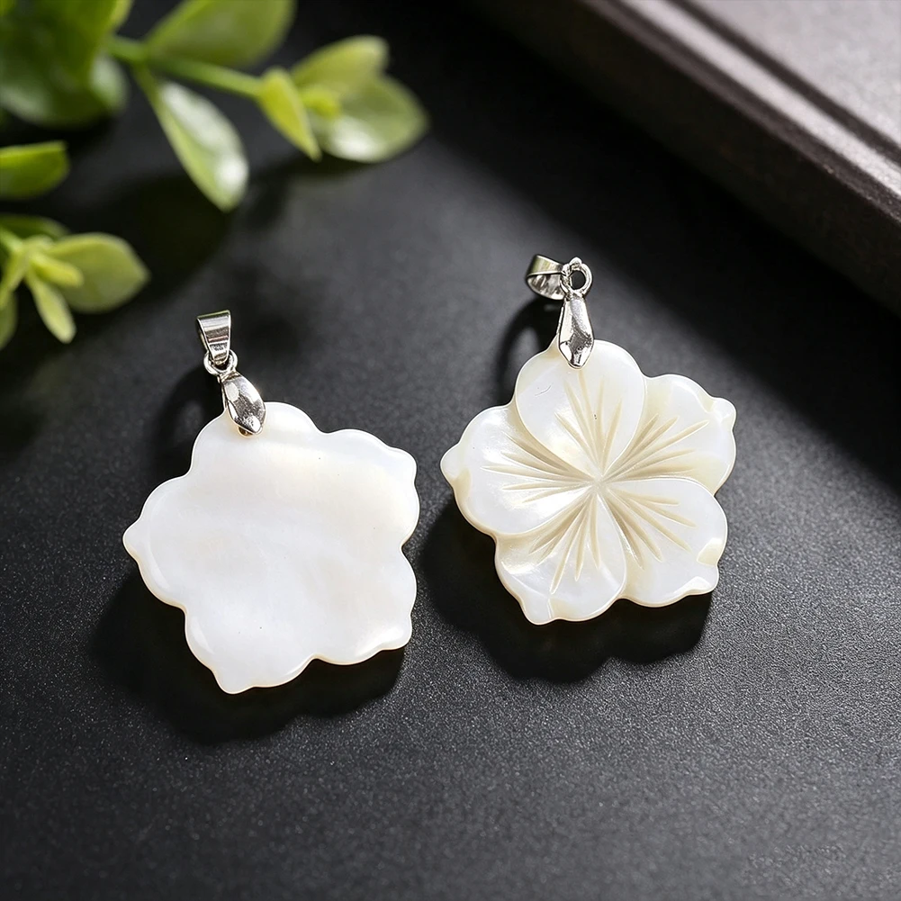 1pcs Natural White Shell Flower Pendant Carved Floral Charm with Silver Bail for DIY Necklace Bracelet Earring Jewelry Making