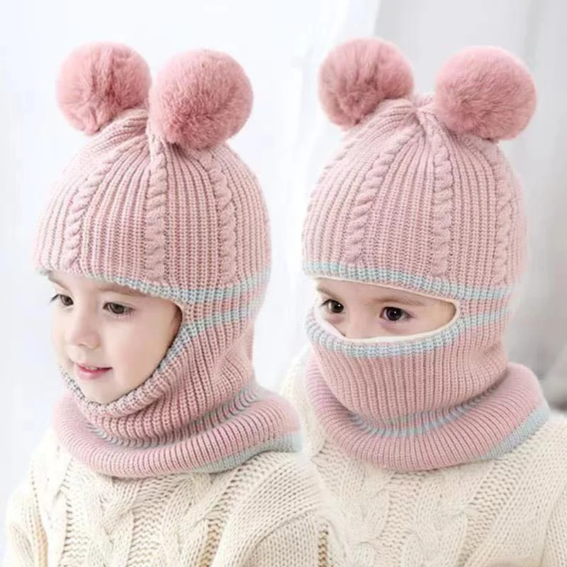 New Arrival  Winter Kids Plus Fleece Hats Thick Warm Knitted Cap For Child Outdoor Girls Boys Face Cover Hairball Bib Mask